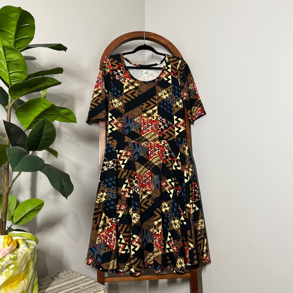 LuLaRoe Brown Black Geometric Aztec Southwestern (2XL) Fit & Flared Nicole Dress